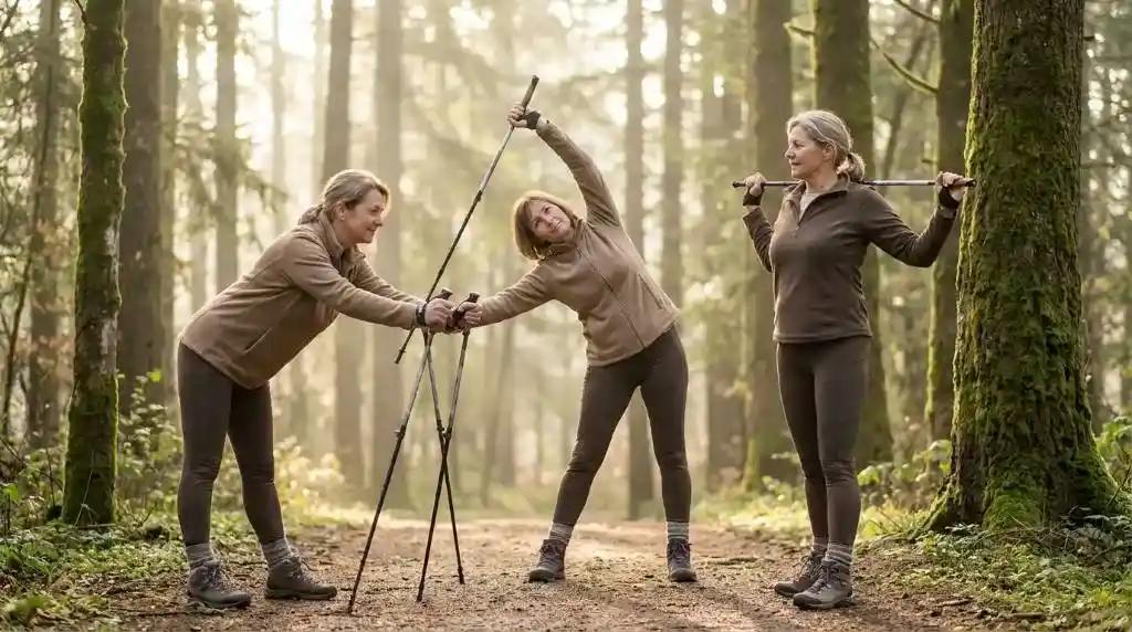 Pohyb ženy cvičí s hůlkami